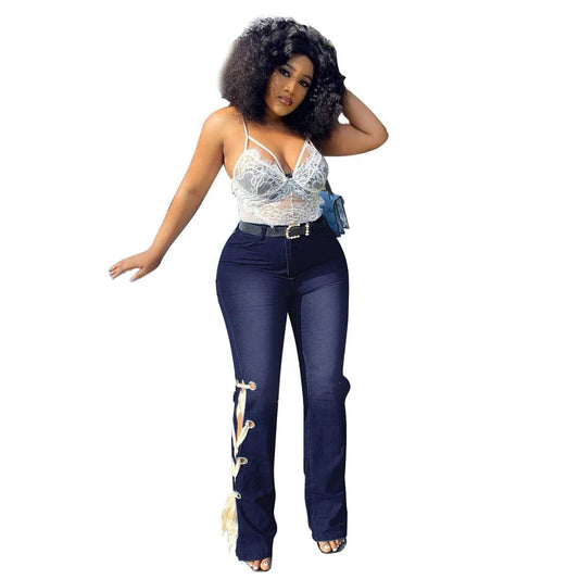 Solid Color Jeans Lace Up Bootcut Trousers - Velora