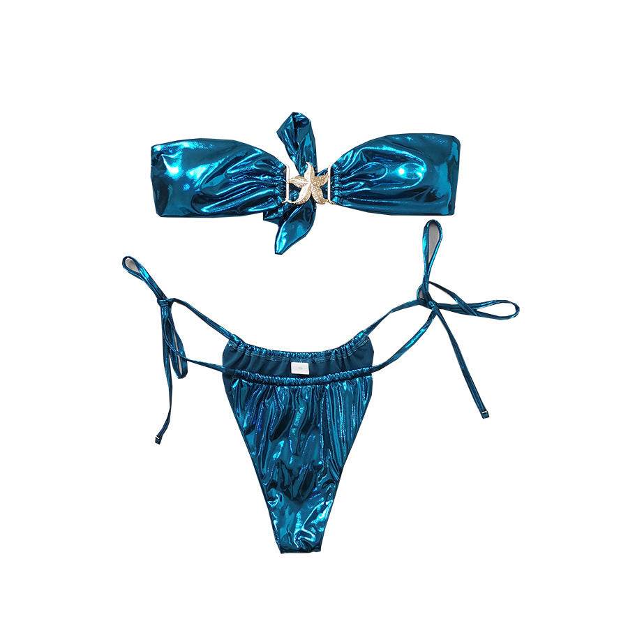 Tube Top Split Bikini Blue Glossy Gold Starfish Female - Velora
