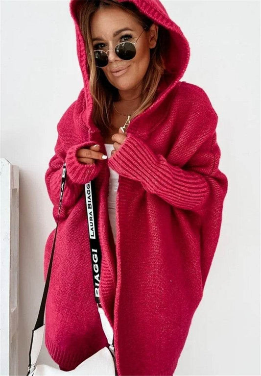 Fashion Bat Sleeve Hooded Cardigan Oversized Loose Temperament Solid Color Sweater Womens Clothing - Velora