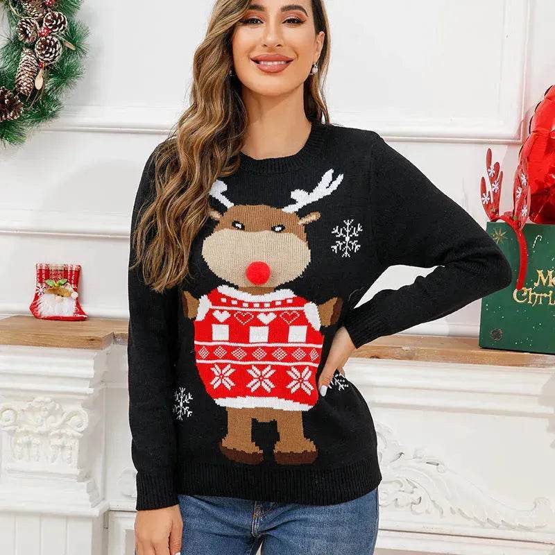 Funny Deer Christmas Sweater Round Neck Pullover Women - Velora
