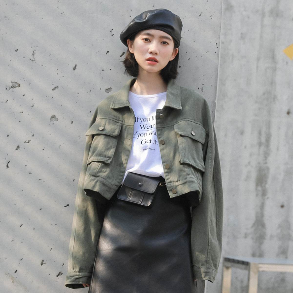 Single Breasted Long Sleeve Cargo Crop Denim Jacket Women - Velora