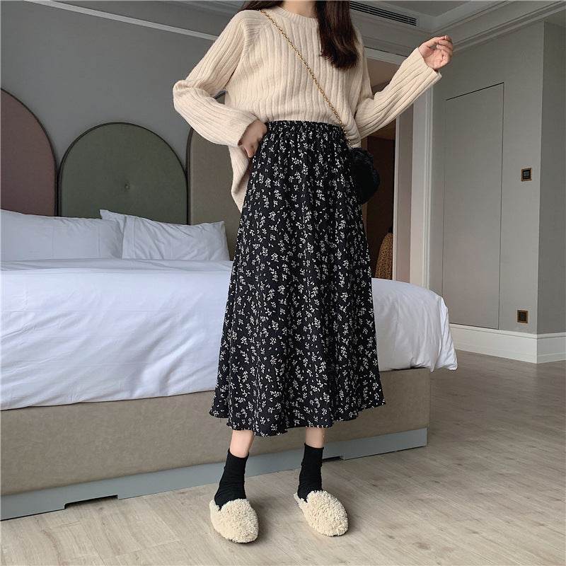 Casual Floral New Fresh High Waist Slimming Korean-style Midi A- Line Skirt - Velora