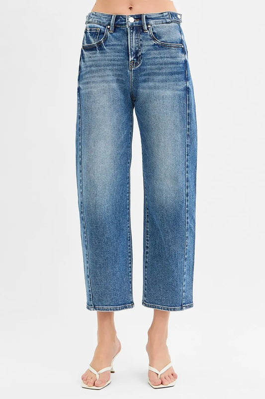 RISEN High Rise Crop Length Barrel Adjustable Waist Band Jeans - Velora