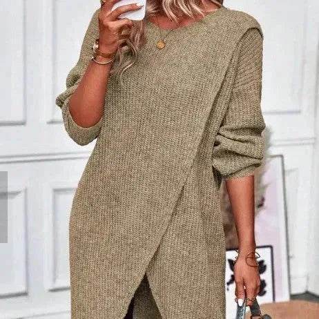 Front Split Winter Sweater Mini Tunic Dress - Velora