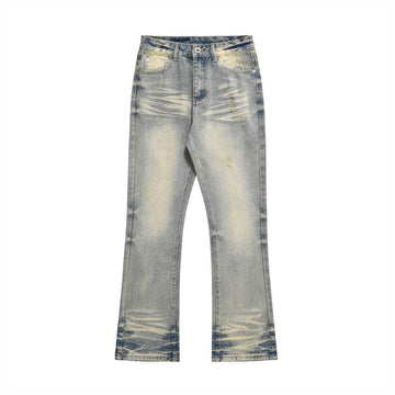 Distressed Scratches Denim Straight-leg Pants Men Jeans