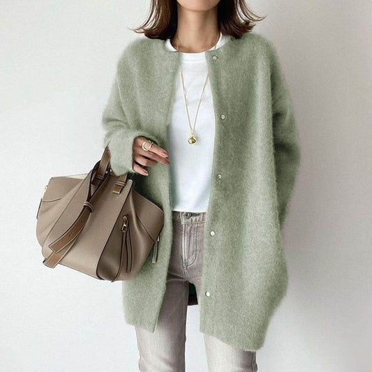 Loose Round Neck Single Breasted Cardigan Fashion Solid Color Coat Jacket Autumn And Winter Women's Clothing - Velora