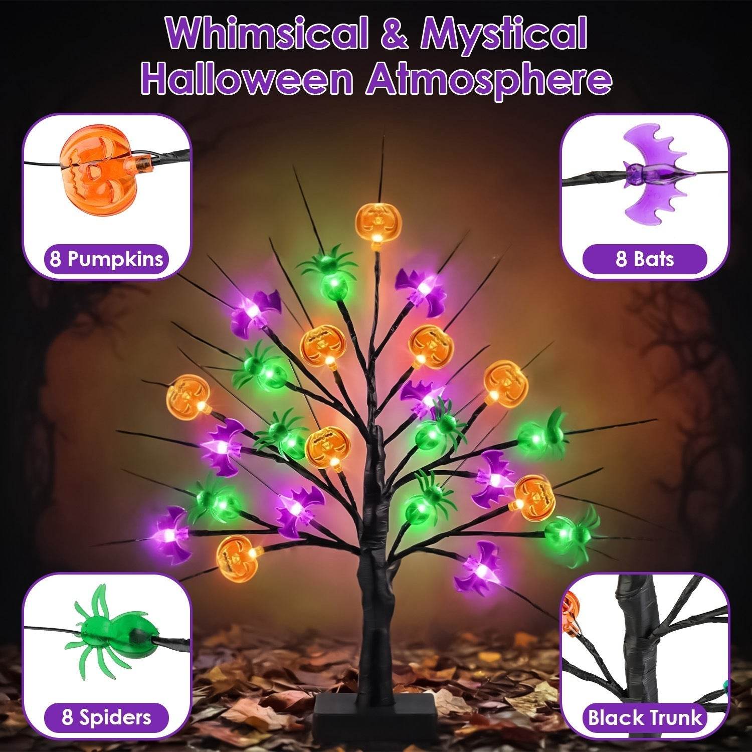 2Pack 1.97FT Lighted Halloween Trees Halloween Indoor Decorations Black Halloween Tree Lights With Timer Adjustable Twigs For Tabletop Party - Velora