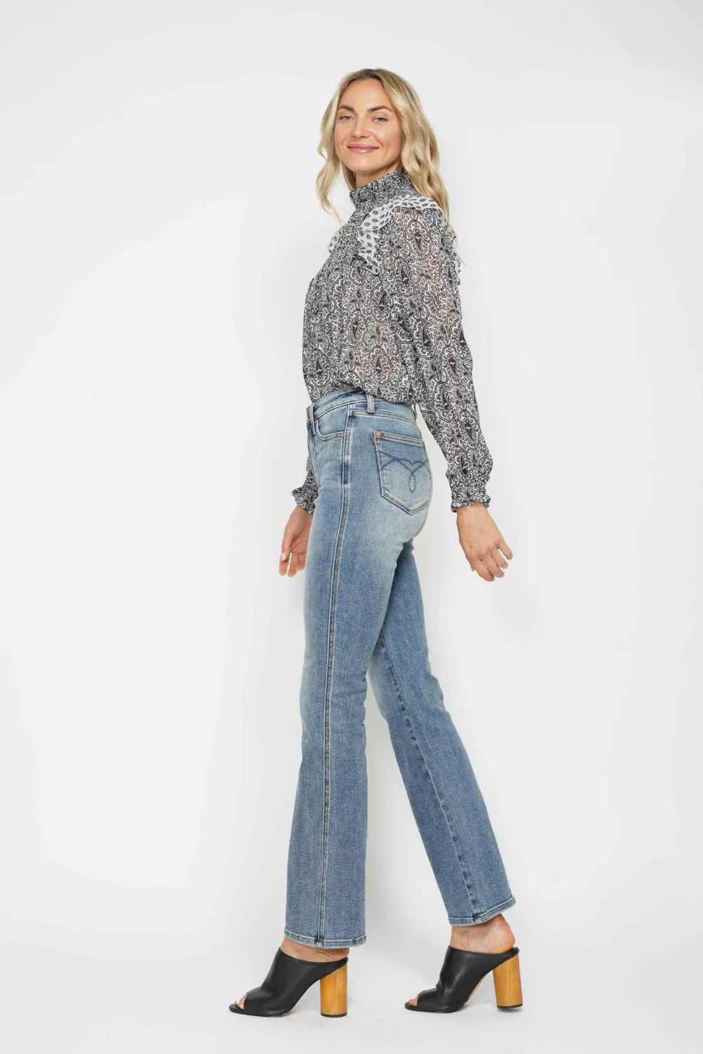 Judy Blue Full Size Tummy Control Back Embroidered Pocketed Bootcut Jeans Plus Size - Velora