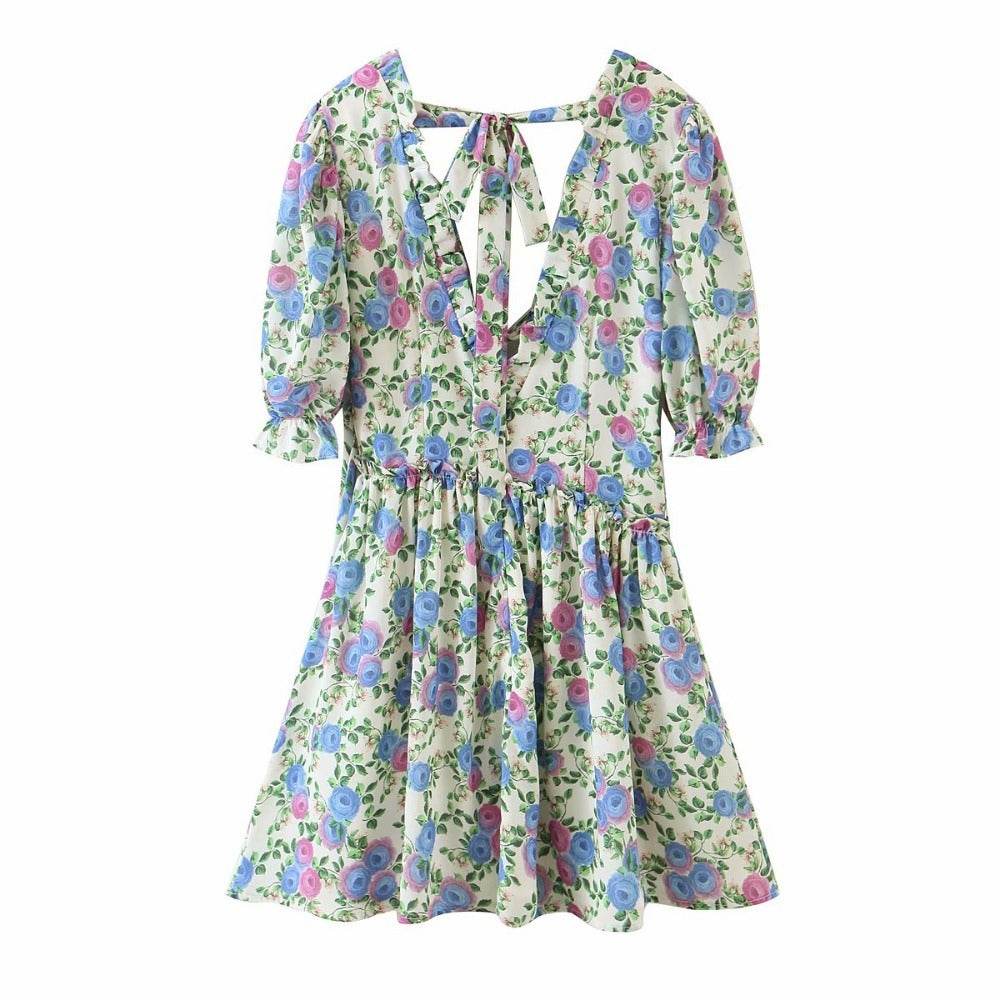 Women Summer Green Floral Chiffon Dresses Holiday Puff Short Sleeve V-Neck Back Lace Up Design Wrap One Piece Dress - Velora