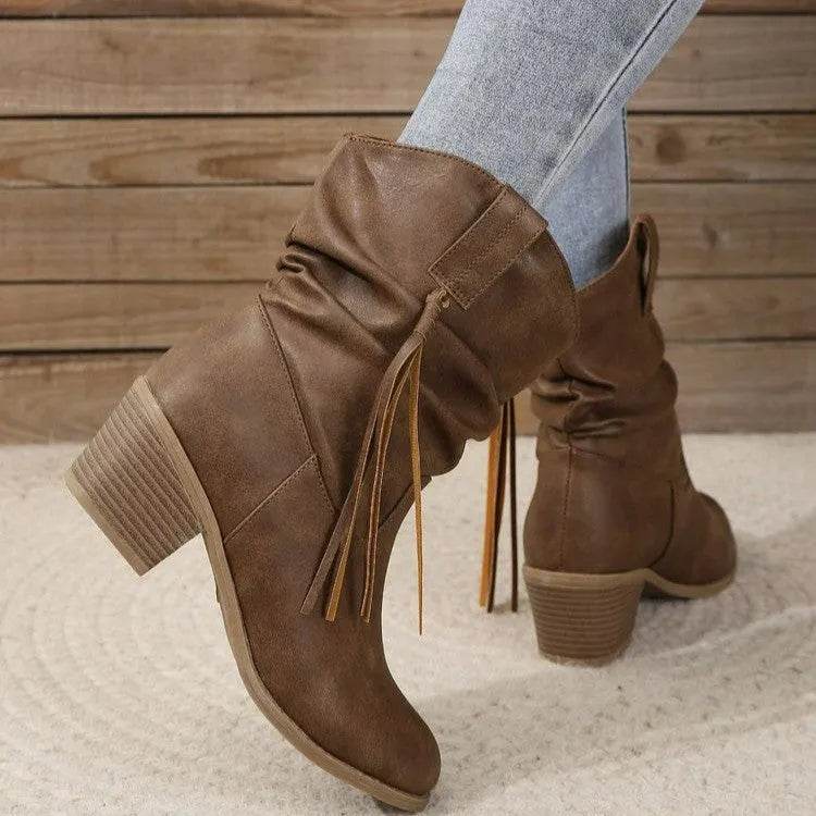 Retro Tassel Boots Winter Thick Square Heel Mid-calf Knight Western Boots Woman Fashion Shoes - Velora