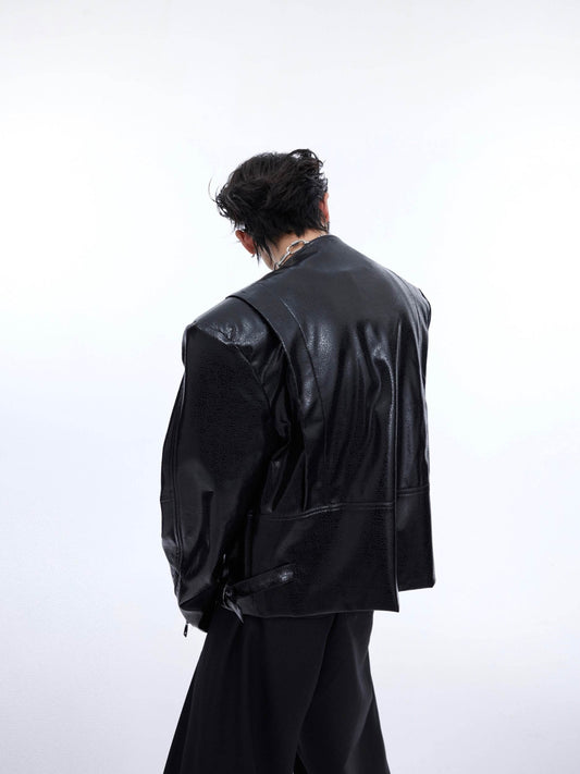 Texture Sense Padded Shoulder Leather Coat Men - Velora