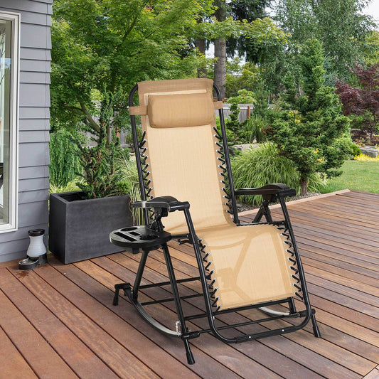 Ergonomic Recline Beige Zero Gravity Rocker With Headrest, Tray Phone Holder - Velora