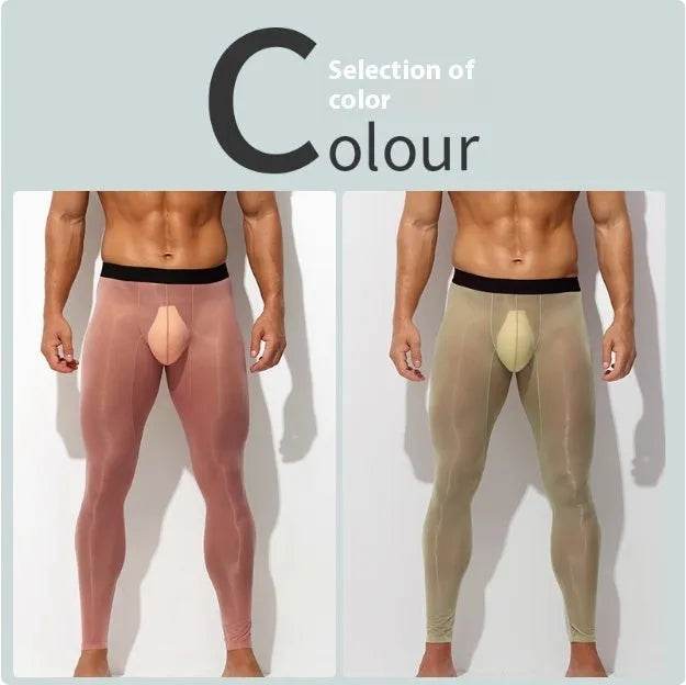 Men's Ultra thin Ice Silk Long John Skinny Flesh Nude Reflective Slim Leggings