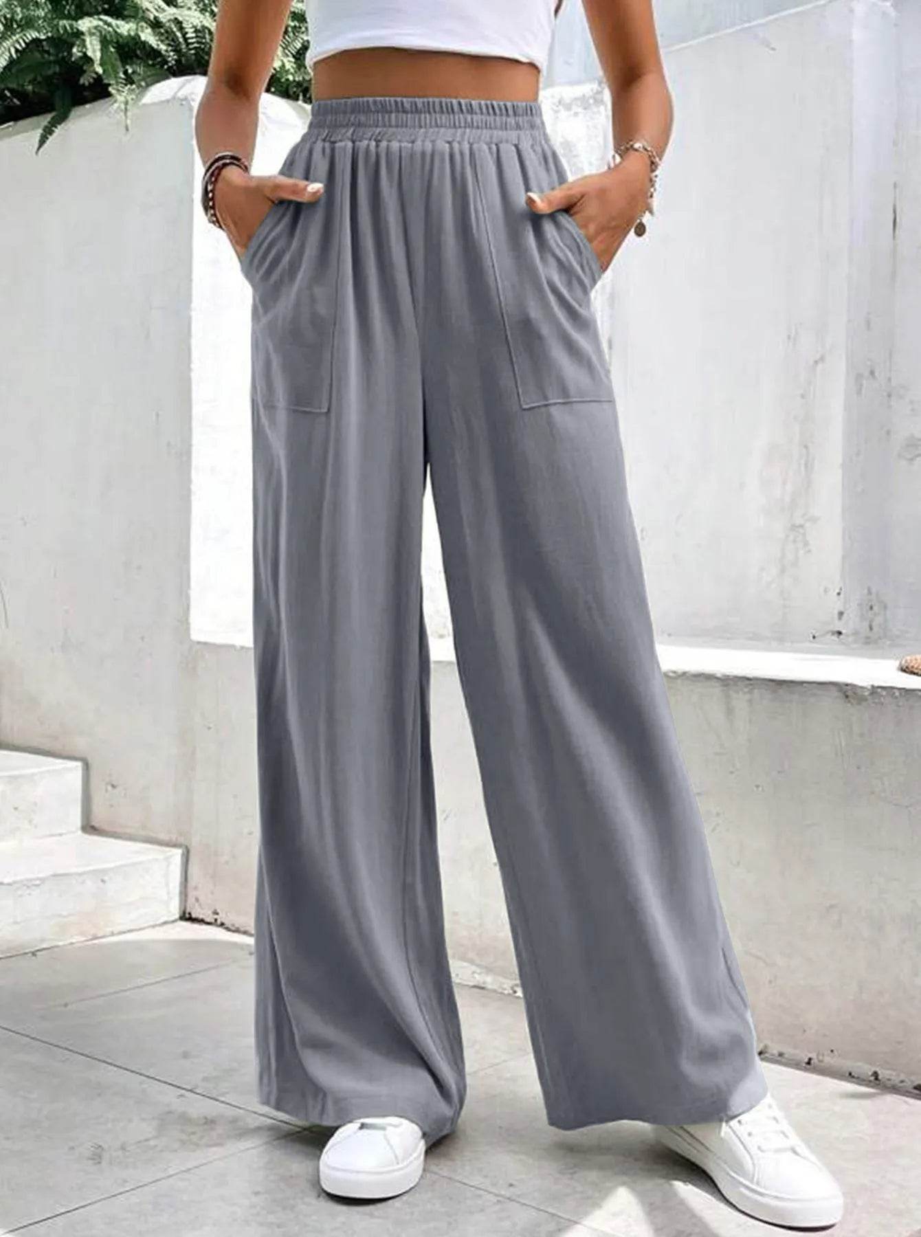Women Middle-waisted Straight-leg Pants Loose Sports Pocket Casual Trousers - Velora