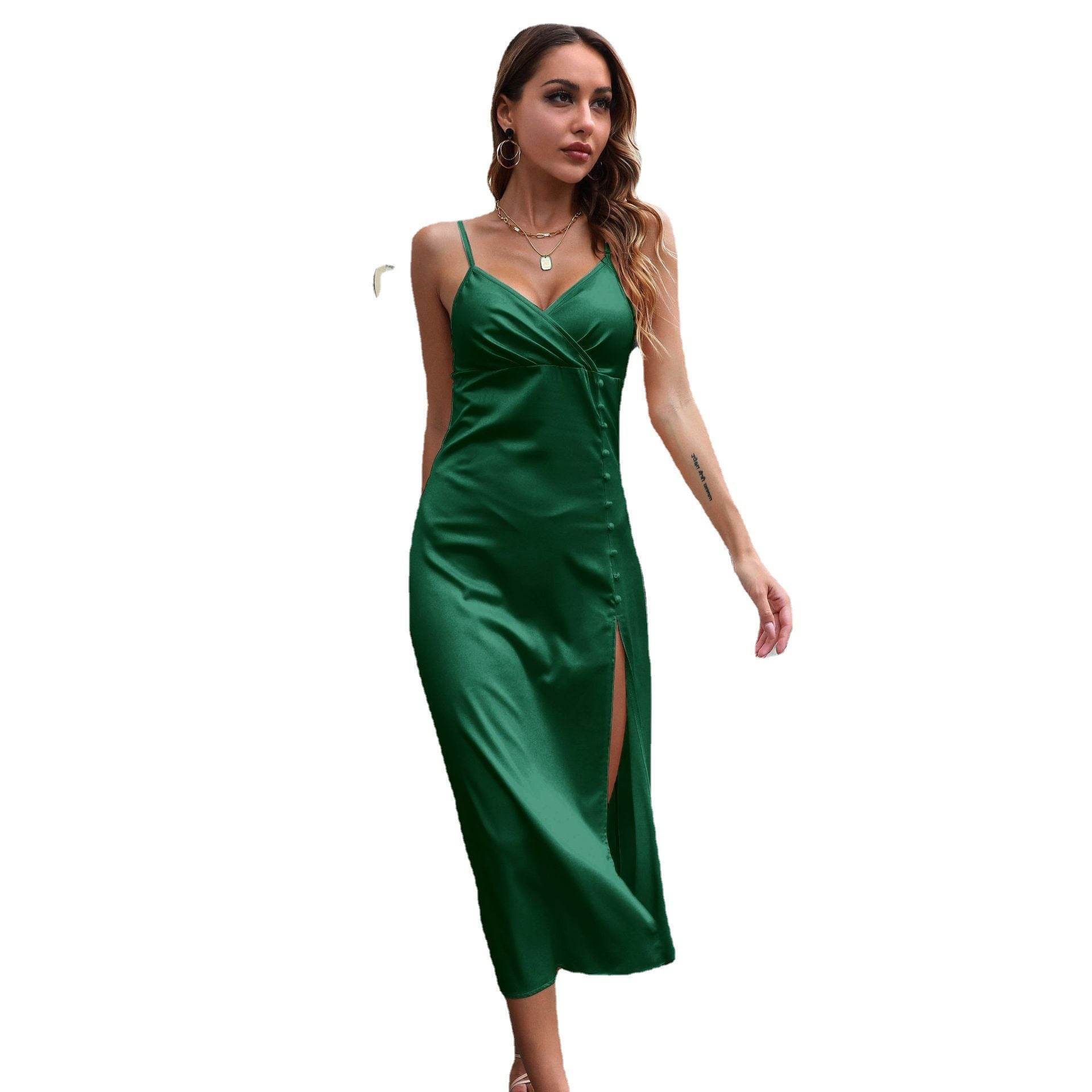 Women's Breasted Satin silk V-neck Spaghetti strap Backless Midi Dress cocktail split dress - Velora