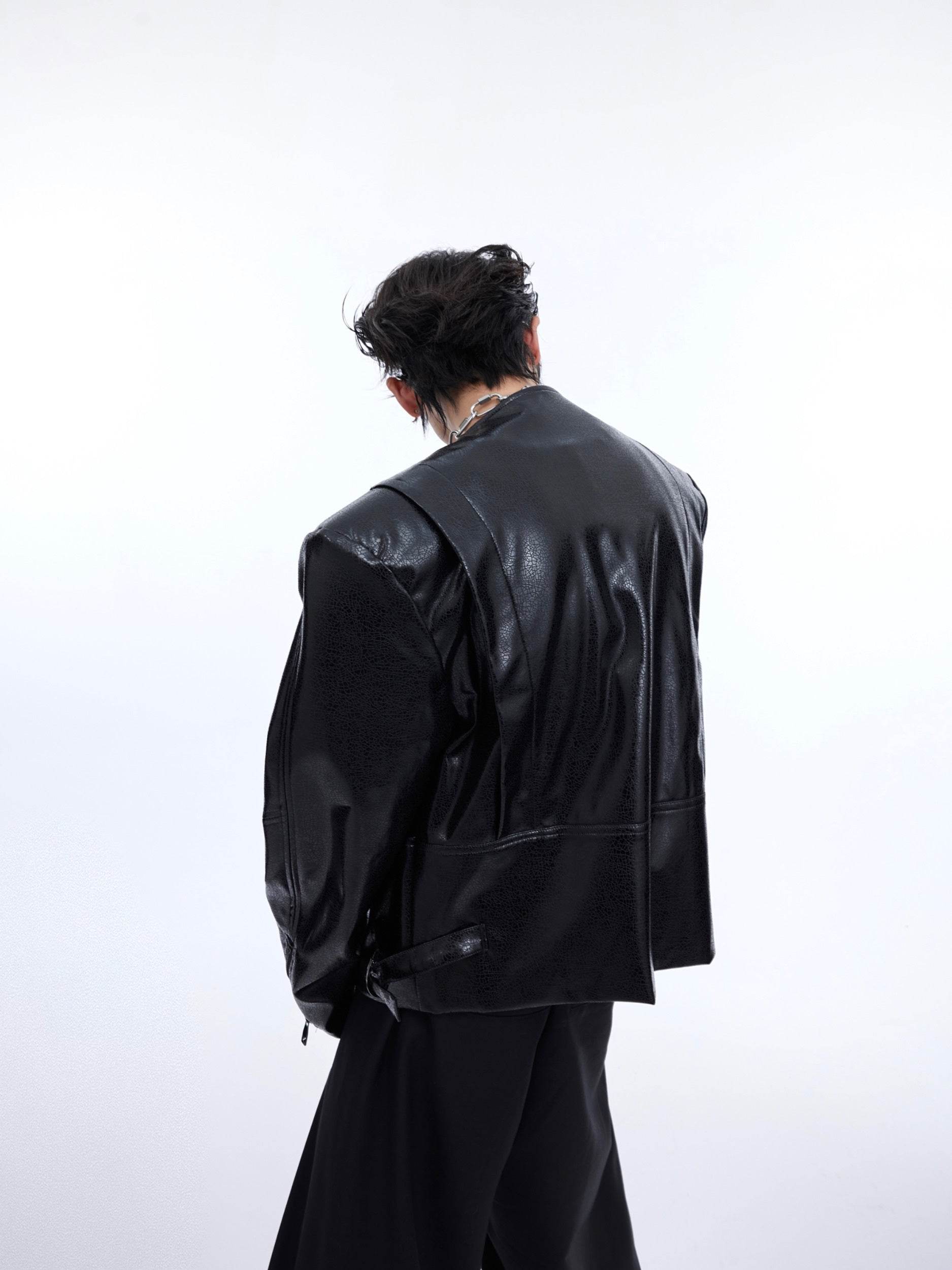 Texture Sense Padded Shoulder Leather Coat Men - Velora