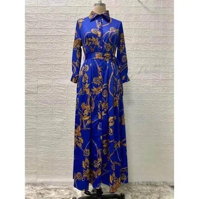 Dubai Long Dress Middle East Autumn Chain Print Swing Dress Turkish Floral Long Sleeve dress - Velora