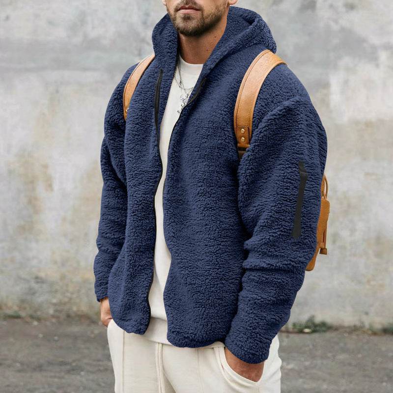 Plush Hooded Jacket Men's Autumn And Winter Fleece Double-sided Wear Warm Coat With Zipper Loose Casual Jacket Outdoor Clothing - Velora