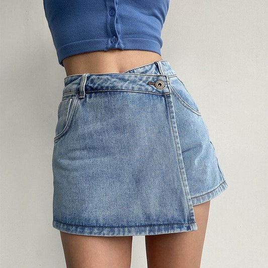 Elegant Anti-exposure Irregular Mini Denim Skirt - Velora