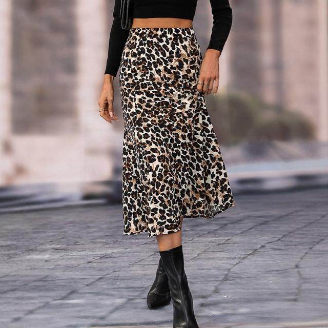 Women's A- Line Umbrella Skirt High Waist Leopard Print Midi sheath Skirt - Velora