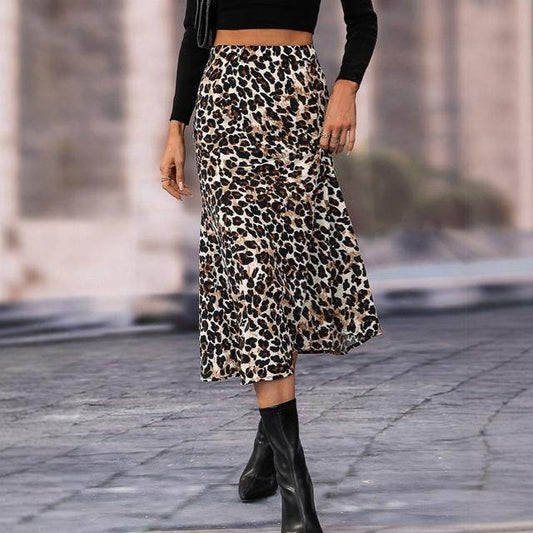 Women's A- Line Umbrella Skirt High Waist Leopard Print Midi sheath Skirt - Velora