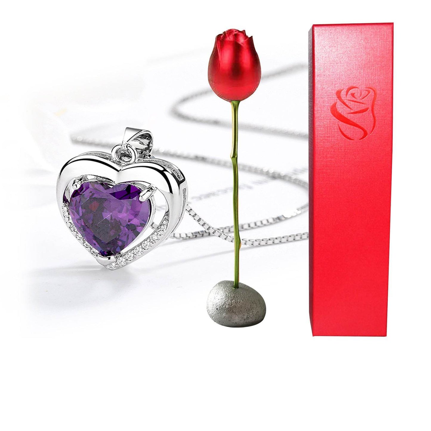 Valentines Day Gift Heart Shaped Blue Purple Crystal Diamond Pendant Rose Head Necklace - Velora