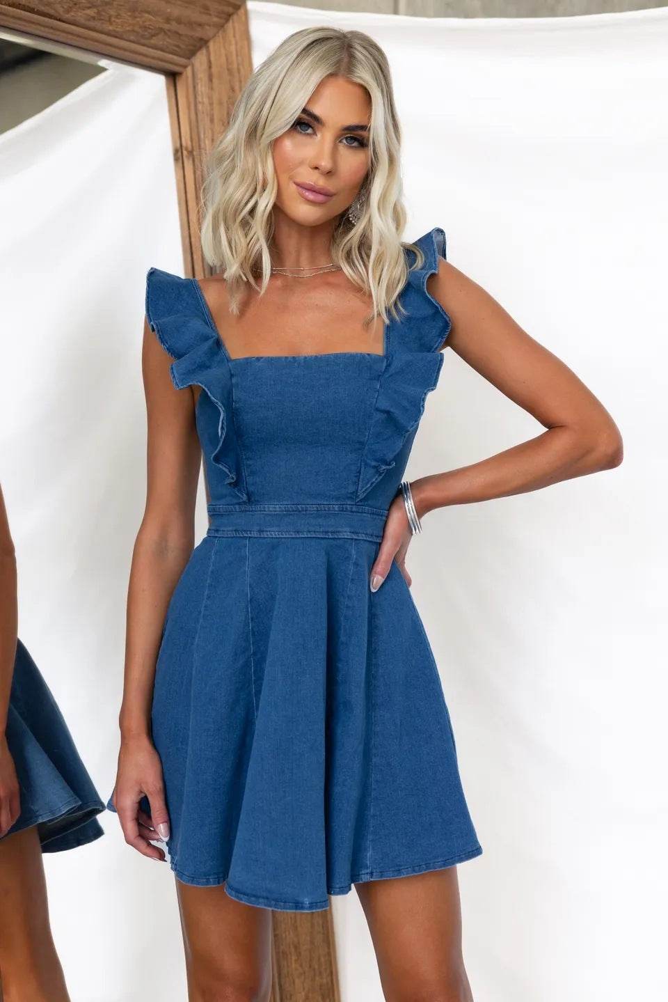 Women's Fashion Casual Denim Mini flared Dress - Velora