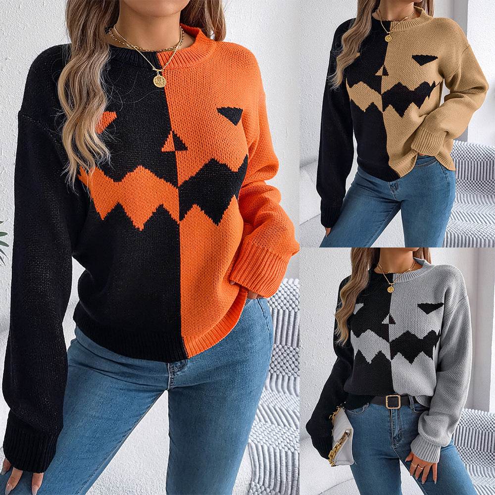 Fall And Winter Halloween Spooky Pumpkin Contrast Long Sleeve Pullover Sweater Women's Clothing - Velora
