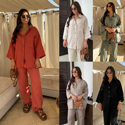 Casual Polyester Pocket Shirt Pants Suitable For Women's Wide Leg Pants, Long Sleeved Shirt Set, Women's Loose High Street Two-piece Set - Velora