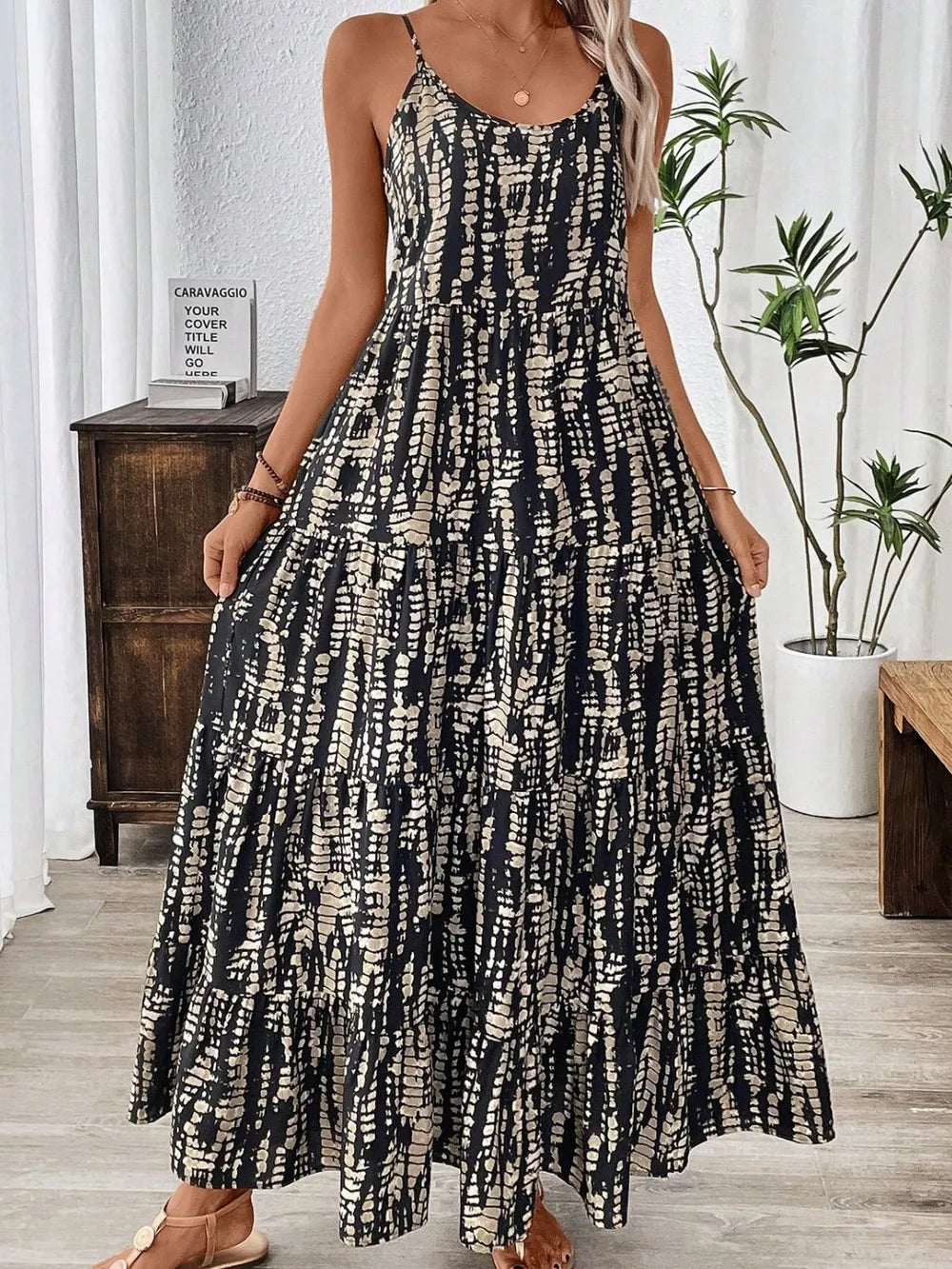Printed Scoop Neck Maxi Cami Dress - Velora