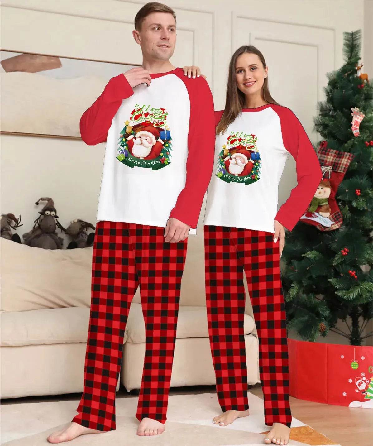 Christmas Parent-Child Clothes Set Long Sleeve T-Shirt Plaid Pants Family Matching Pajamas - Velora