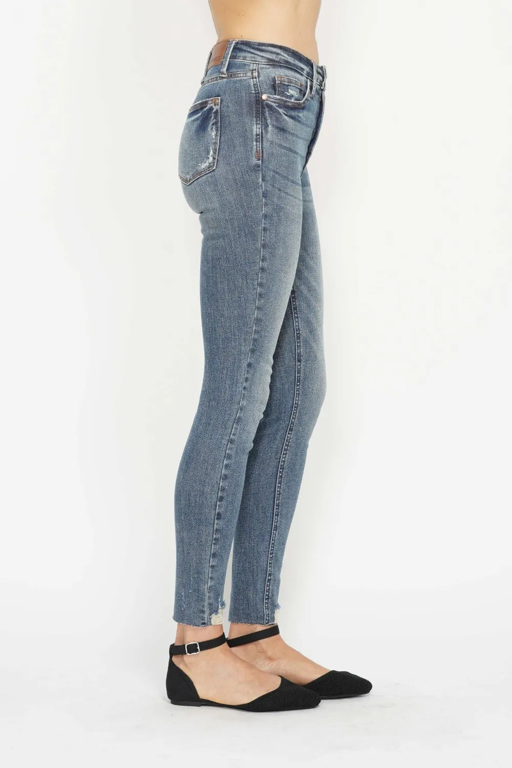 Judy Blue Full Size Tummy Control Vintage Wash Hem Destroy Skinny Jeans - Velora