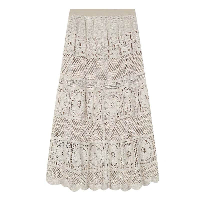 Retro Vacation Style Crocheted Hollow Beige Maxi Skirt - Velora