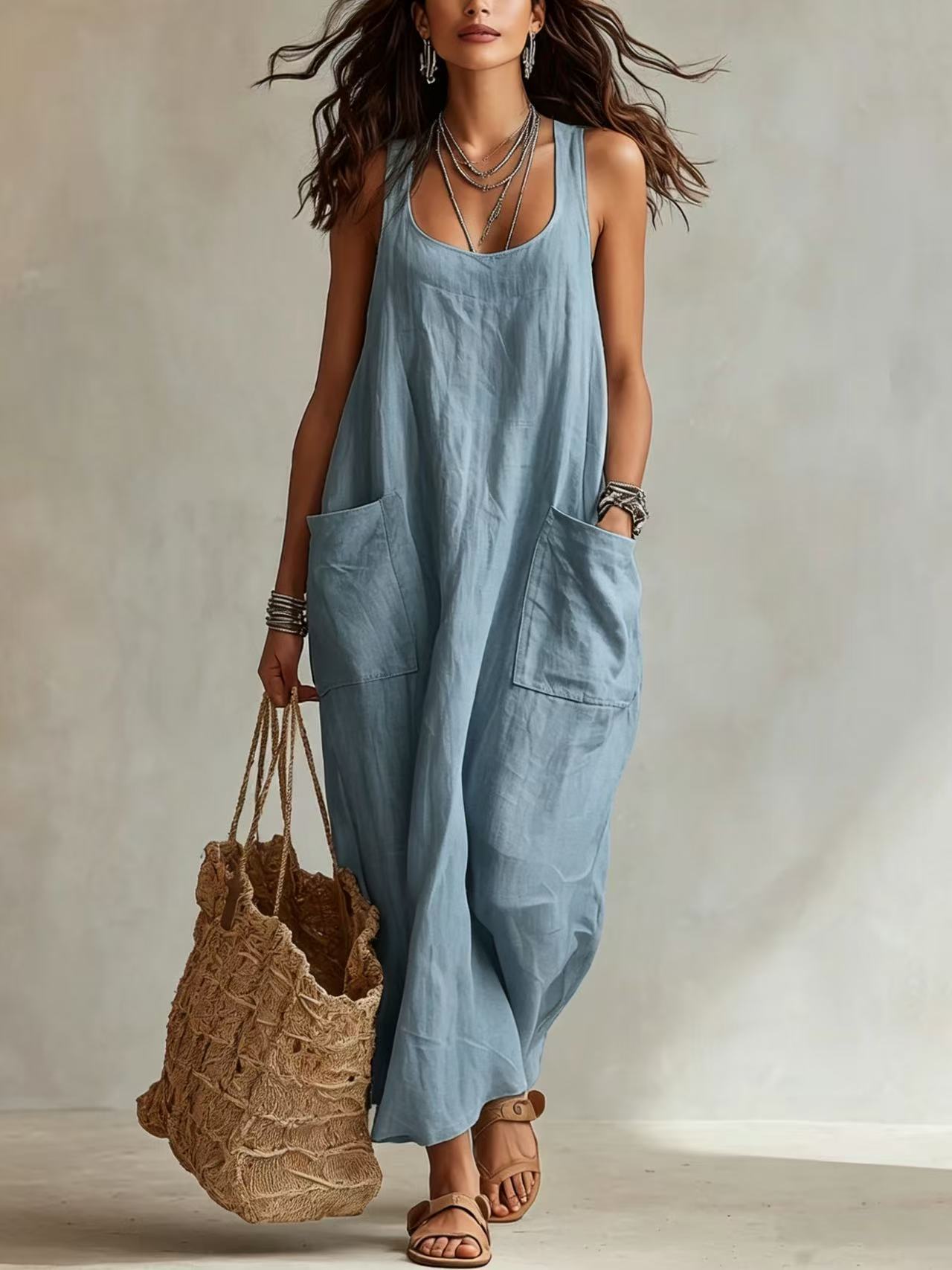 Elegant Casual Long Slip Dress With Pockets