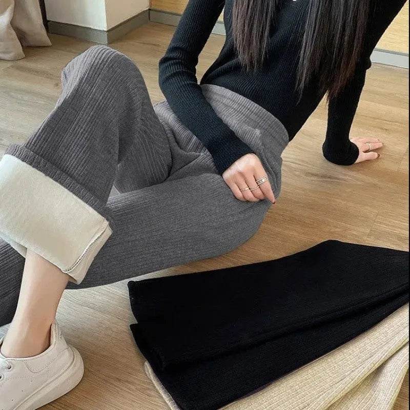 All-matching Straight Casual Fleece And Thick Slightly Flared Wide-leg trouser Pants For Women - Velora