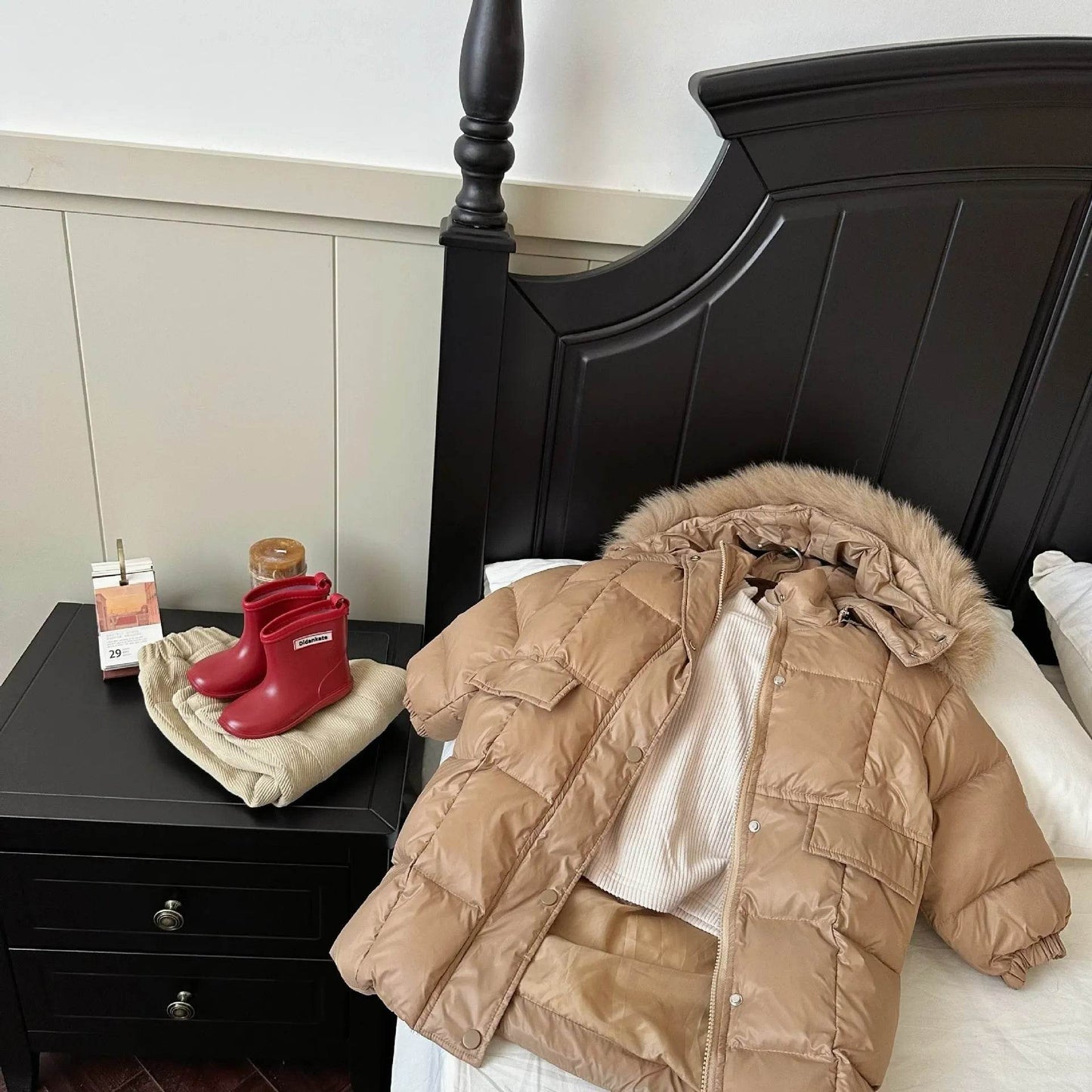 Solid Color Fur Collar Down Jacket Baby Long Section - Velora