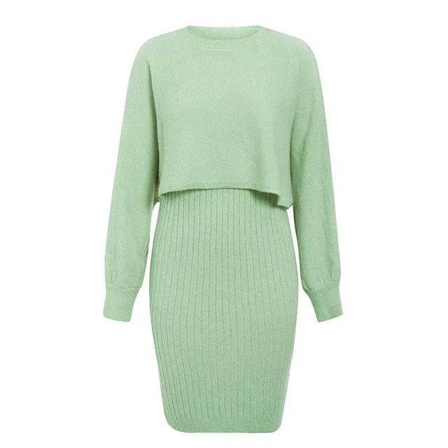 Women 2pcs Winter Outfit Cashmere dress Cropped Pullover top - Velora