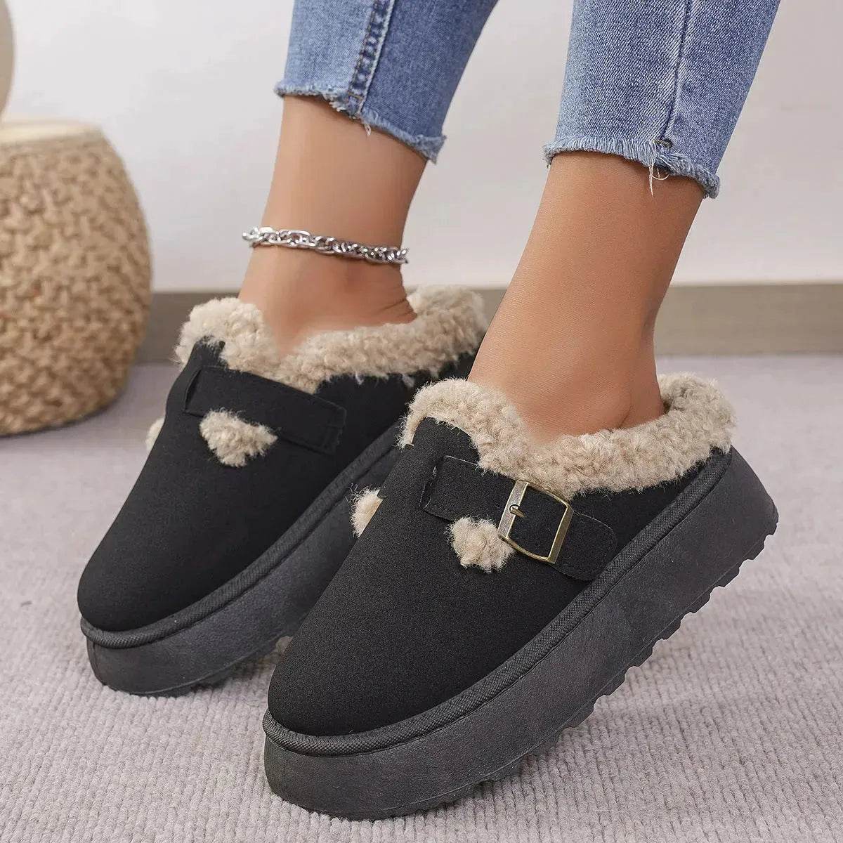 Fashion Thick-soled Plush Buckle Cotton Home platform Winter Slippers Indoor And Outdoor Casual Warm Women Garden Slipper - Velora