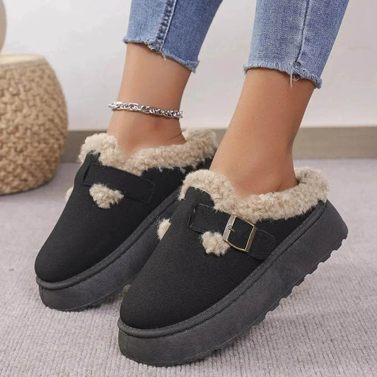 Fashion Thick-soled Plush Buckle Cotton Home platform Winter Slippers Indoor And Outdoor Casual Warm Women Garden Slipper - Velora
