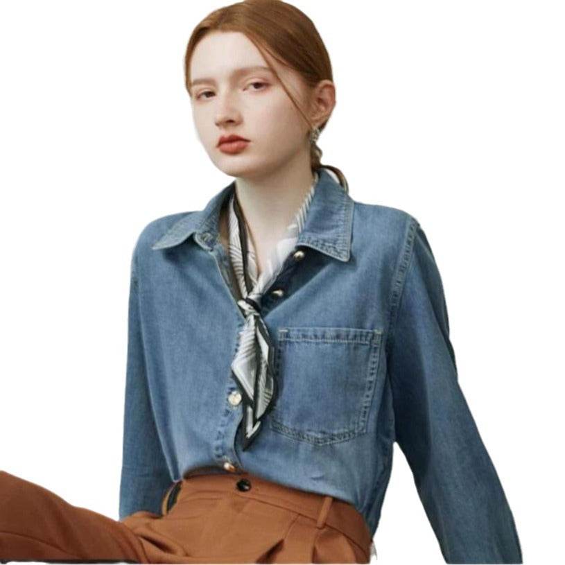 Blue Soft Denim Shirt Jacket Women's Long Sleeve Bandage Denim Dress Top - Velora