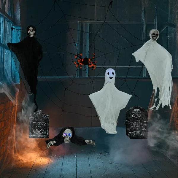 Outdoor Halloween Decorations 8-Piece Set, Hanging Ghosts Decor And Cobweb And Gravestone With Lighted Up Eyes, Scary Swinging Ghost Flying For Yard Patio Lawn Garden - Velora