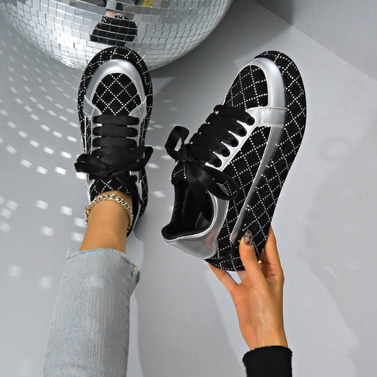 Fashion Rhinestone Flats Shoes Versatile Thick-soled Lace-up Casual Shoes Women's Sneakers - Velora