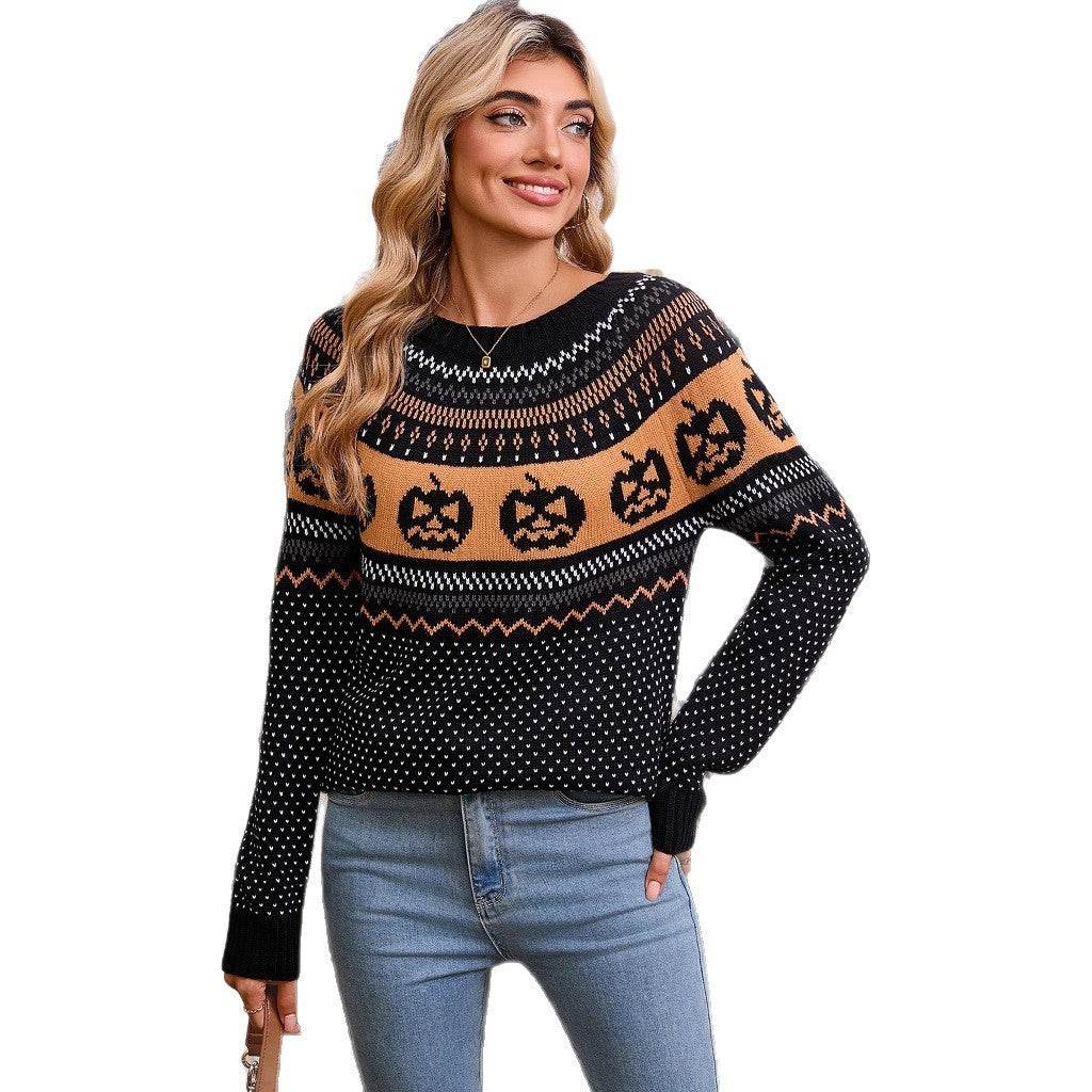 Women's Halloween Pumpkin Embroidered Retro Long-sleeved Sweater - Velora