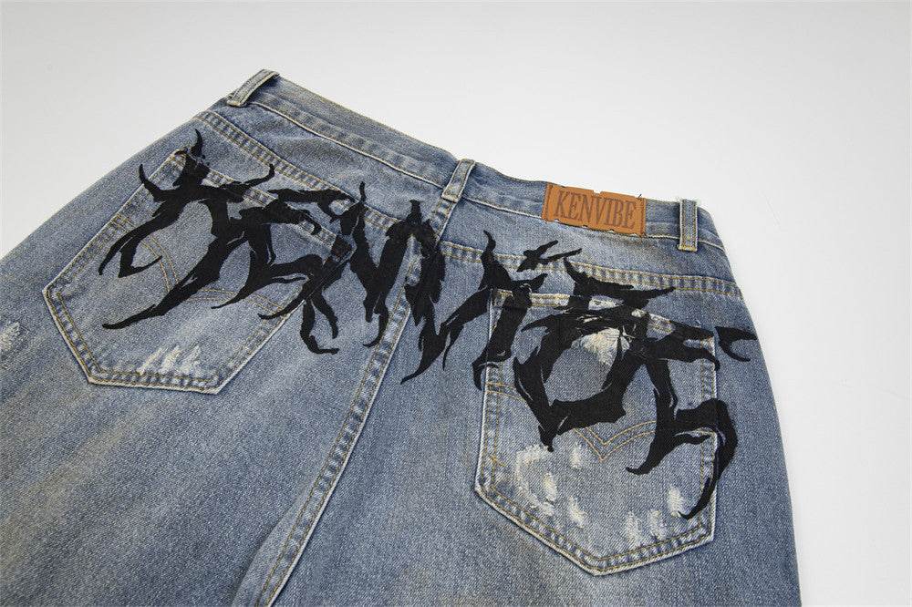 Punk Make Old Ripped Letter Denim Trousers Men Jeans - Velora