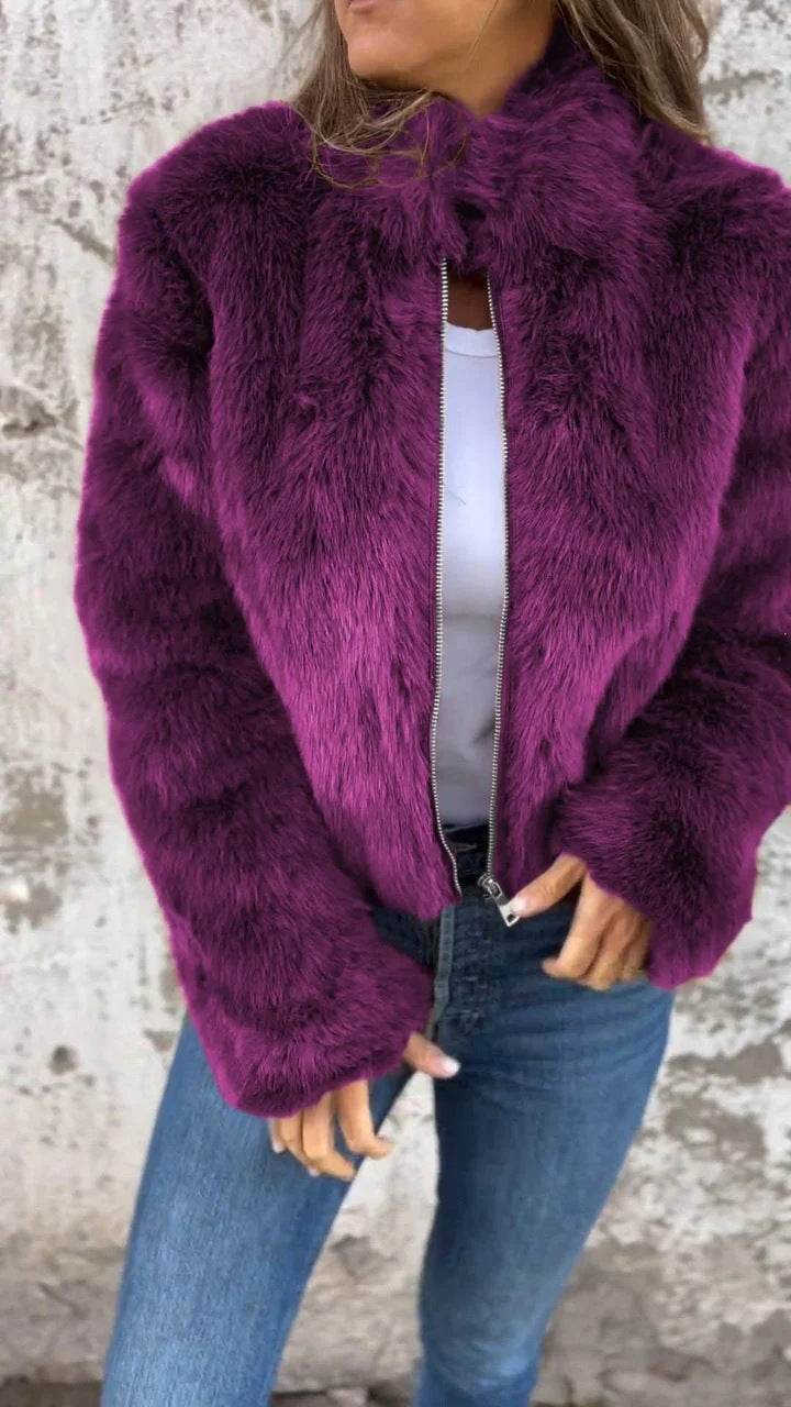 Fashion Stand Collar Plush Jacket Winter Casual Turtleneck Zipper Coat Fleece Tops Women's Clothing - Velora