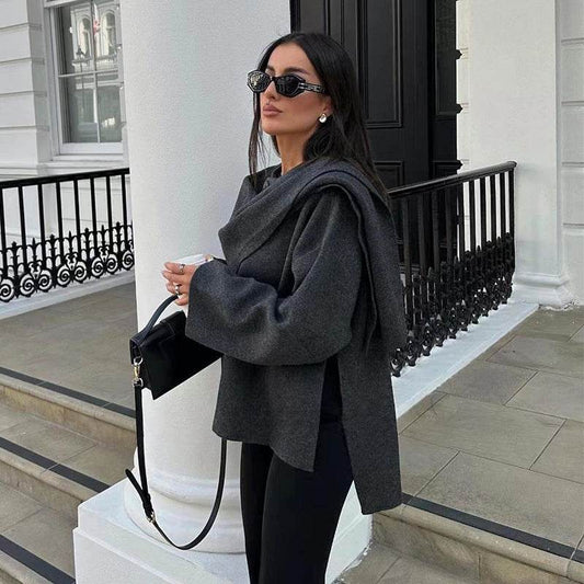 Solid Knitted Cardigan With Asymmetrical Scarf Design Fashion Short Coat Women Overcoat Jacket Winter - Velora