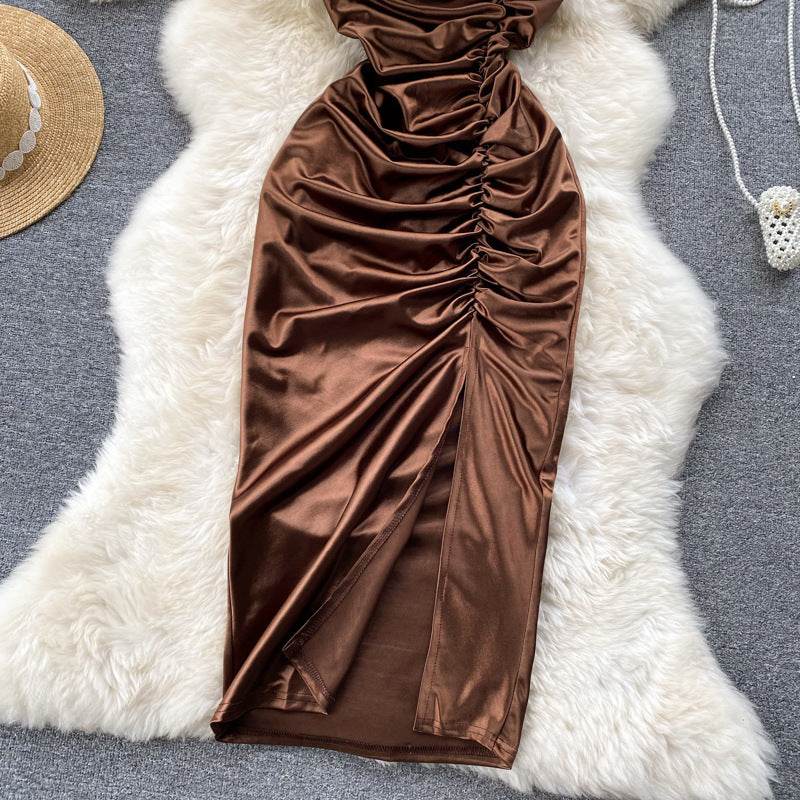 Elegant Women Sleeveless One shoulder Drawstring Satin Dress for Party, Wedding, Cocktail - Velora