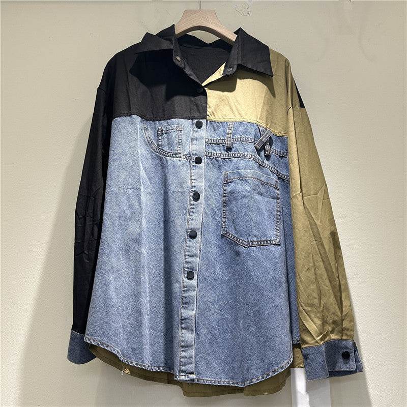 High-grade Contrast Color Patchwork Cotton Denim Long Sleeve Loose Shirt Women - Velora