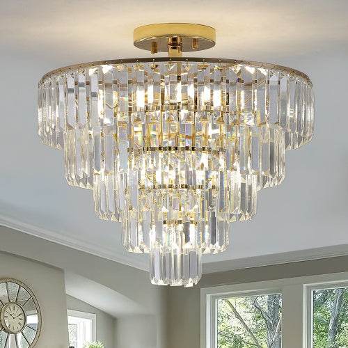 Golden Crystal Chandelier, 5-layer Round Semi-recessed Chandelier Lamp, Large Modern Luxury Chandelier, Suitable For Living Room, Dining Room, Bedroom, Corridor - Velora