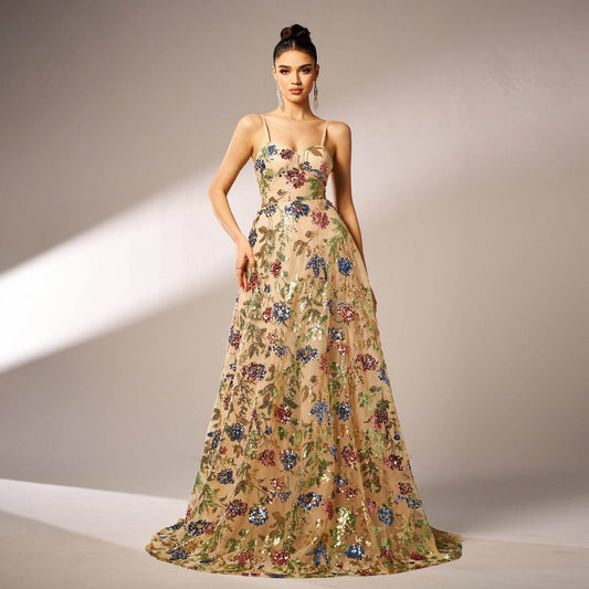 Elegant Sleeveless Sequined Suspender Maxi Evening Dress